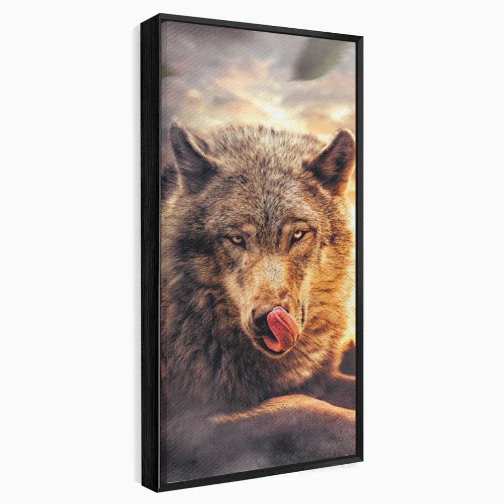 Tablou canvas cu tablou canvas cu lup salbatic la apus, in rama de aluminiu negru